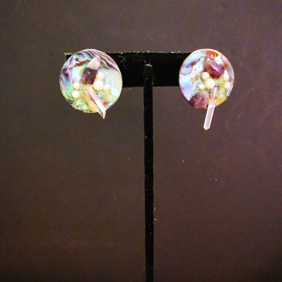 Handmade Abalone and Crystal Round Pierced Earrings - Picture 15 of 15